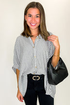 Black / SM JoJo Striped Button Down Oversized Top - BACK IN STOCK - Madison and Mallory