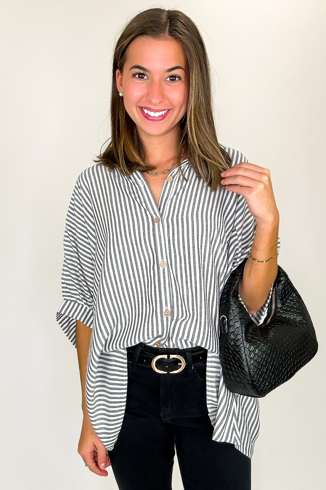 Black / SM JoJo Striped Button Down Oversized Top - BACK IN STOCK - Madison and Mallory