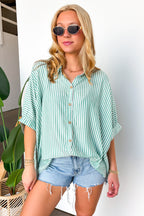 Kelly Green / SM JoJo Striped Button Down Oversized Top - Madison and Mallory