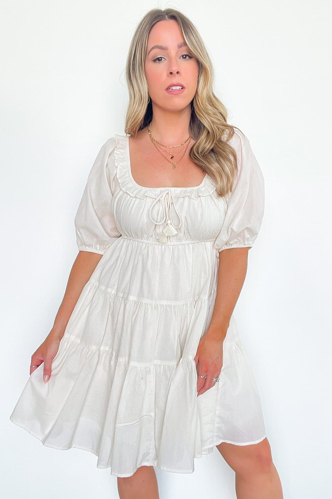 S / Natural Jobelle Puff Sleeve Tie Front Tiered Dress - FINAL SALE - Madison and Mallory