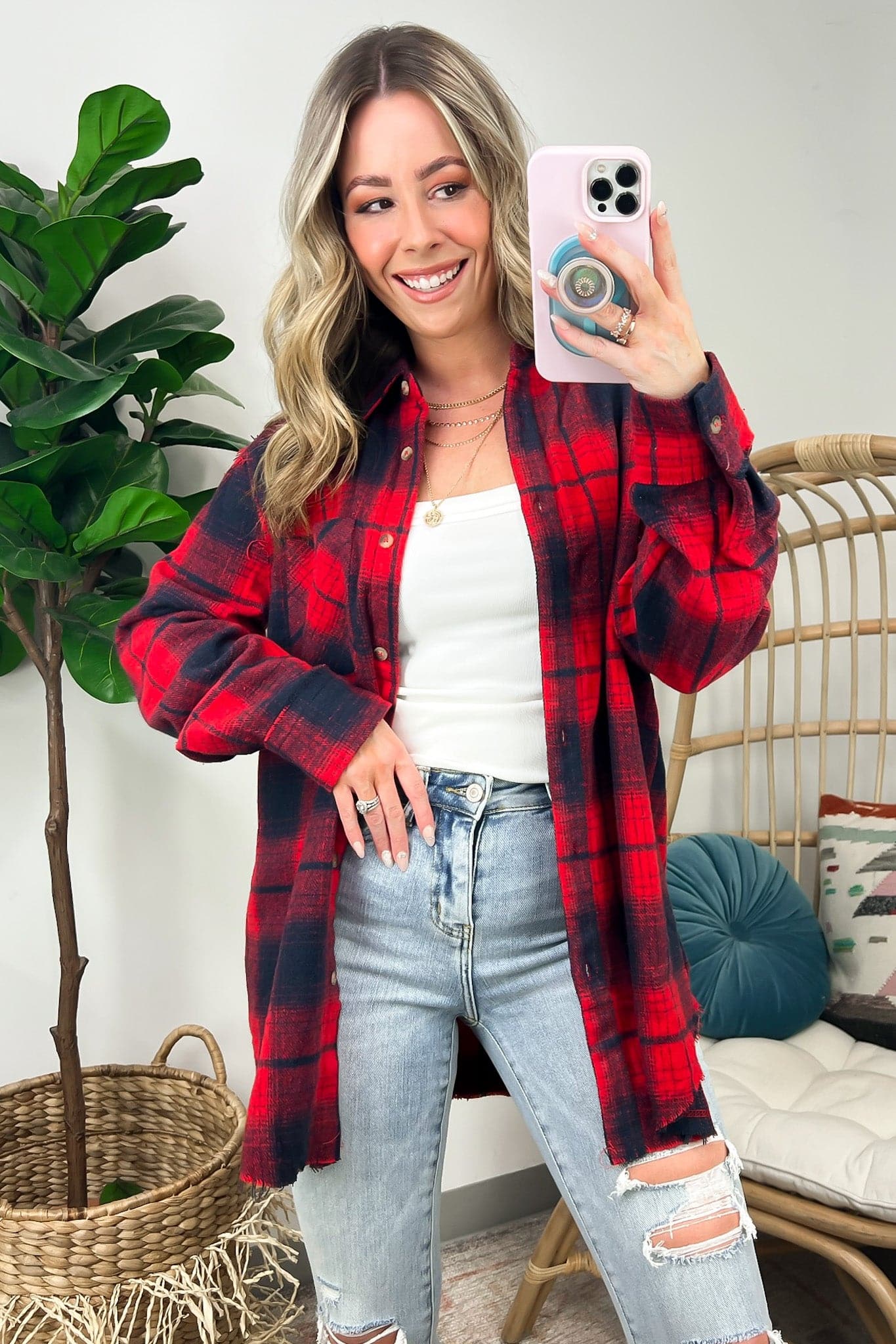 Red/Navy / S Joielle Plaid Button Down Shacket - BACK IN STOCK - Madison and Mallory
