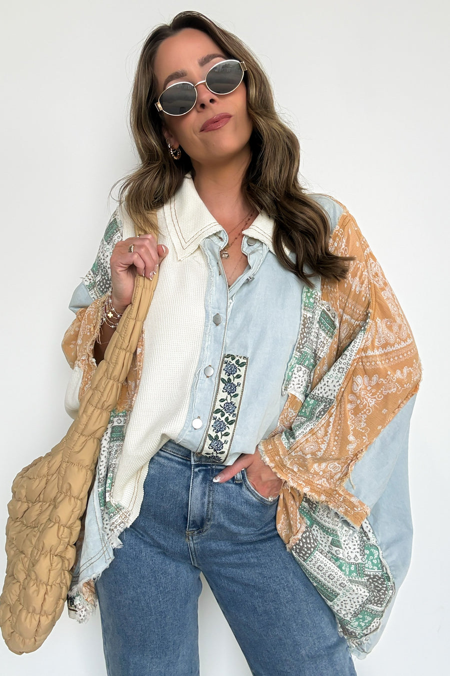 S / Light Denim Multi Joslyn Patchwork Contrast Denim Shirt - Madison and Mallory