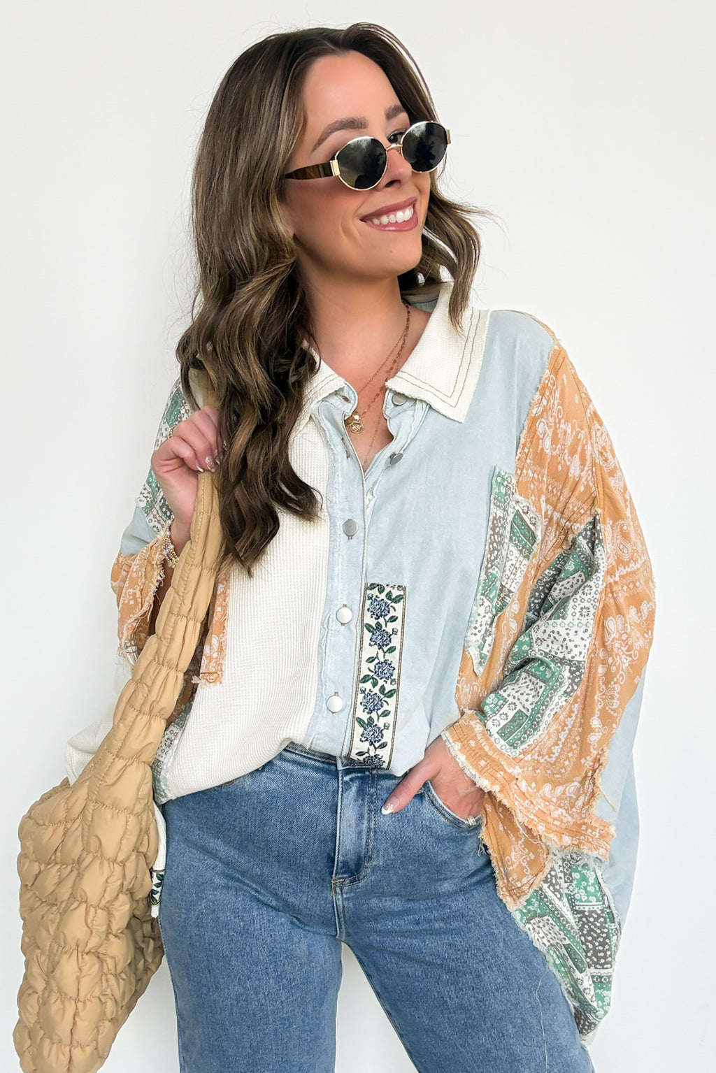 Joslyn Patchwork Contrast Denim Shirt - BACK IN STOCK - Madison and Mallory