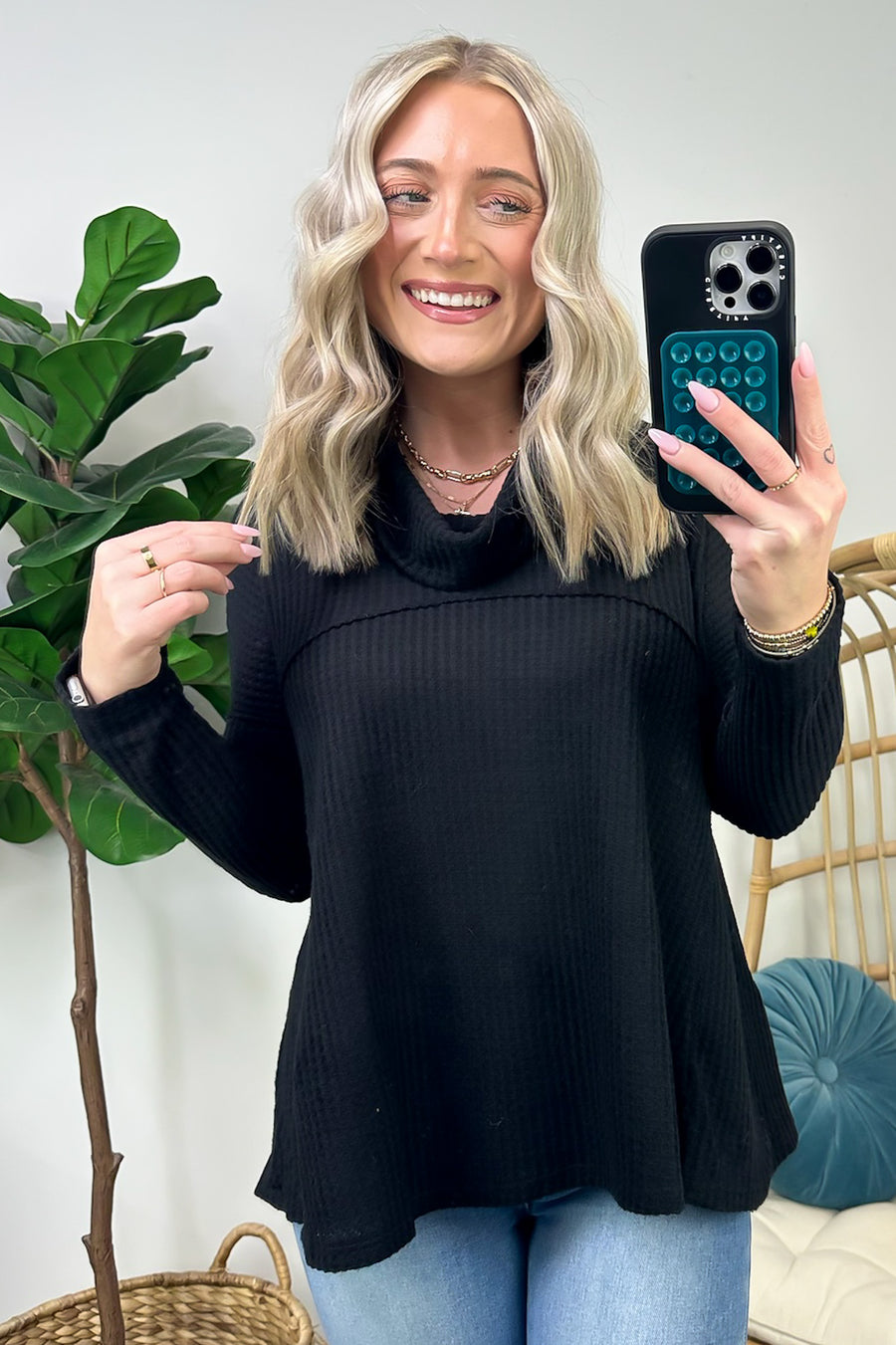 Black / S Joycie Waffle Knit Turtle Neck Flowy Top - FINAL SALE - Madison and Mallory