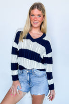 Julia V-Neck Striped Cable Knit Sweater - FINAL SALE - Madison and Mallory
