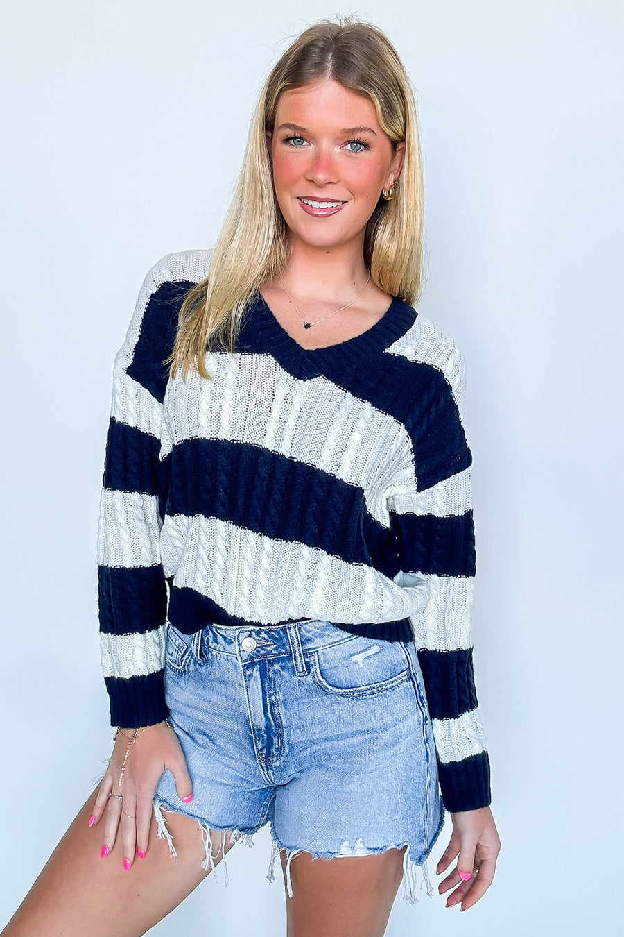 Julia V-Neck Striped Cable Knit Sweater - Madison and Mallory