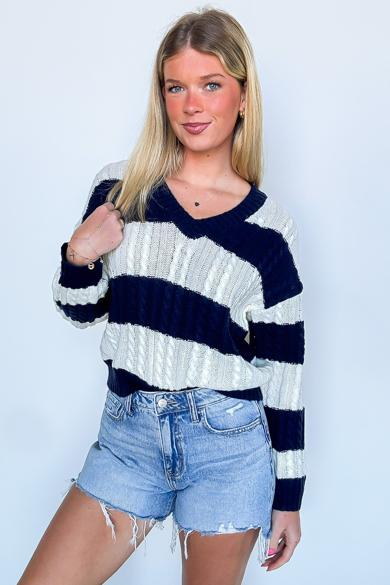 Julia V-Neck Striped Cable Knit Sweater - Madison and Mallory