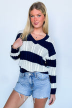Julia V-Neck Striped Cable Knit Sweater - FINAL SALE - Madison and Mallory