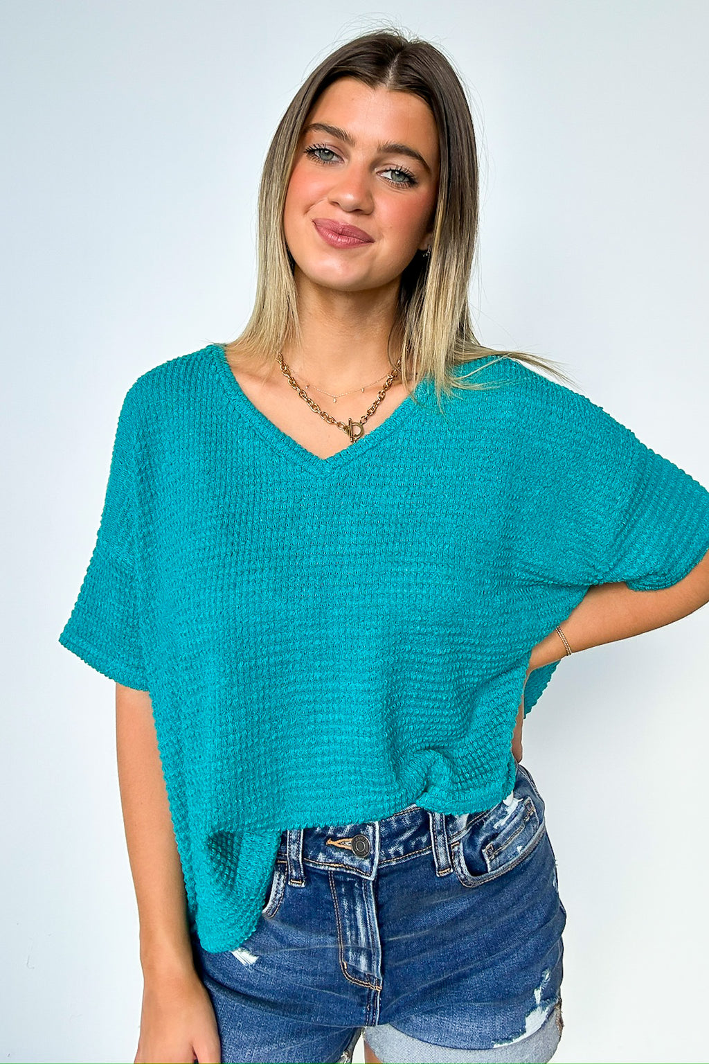 Light Teal / SM Julietta V-Neck Cropped Short Sleeve Top - Madison and Mallory