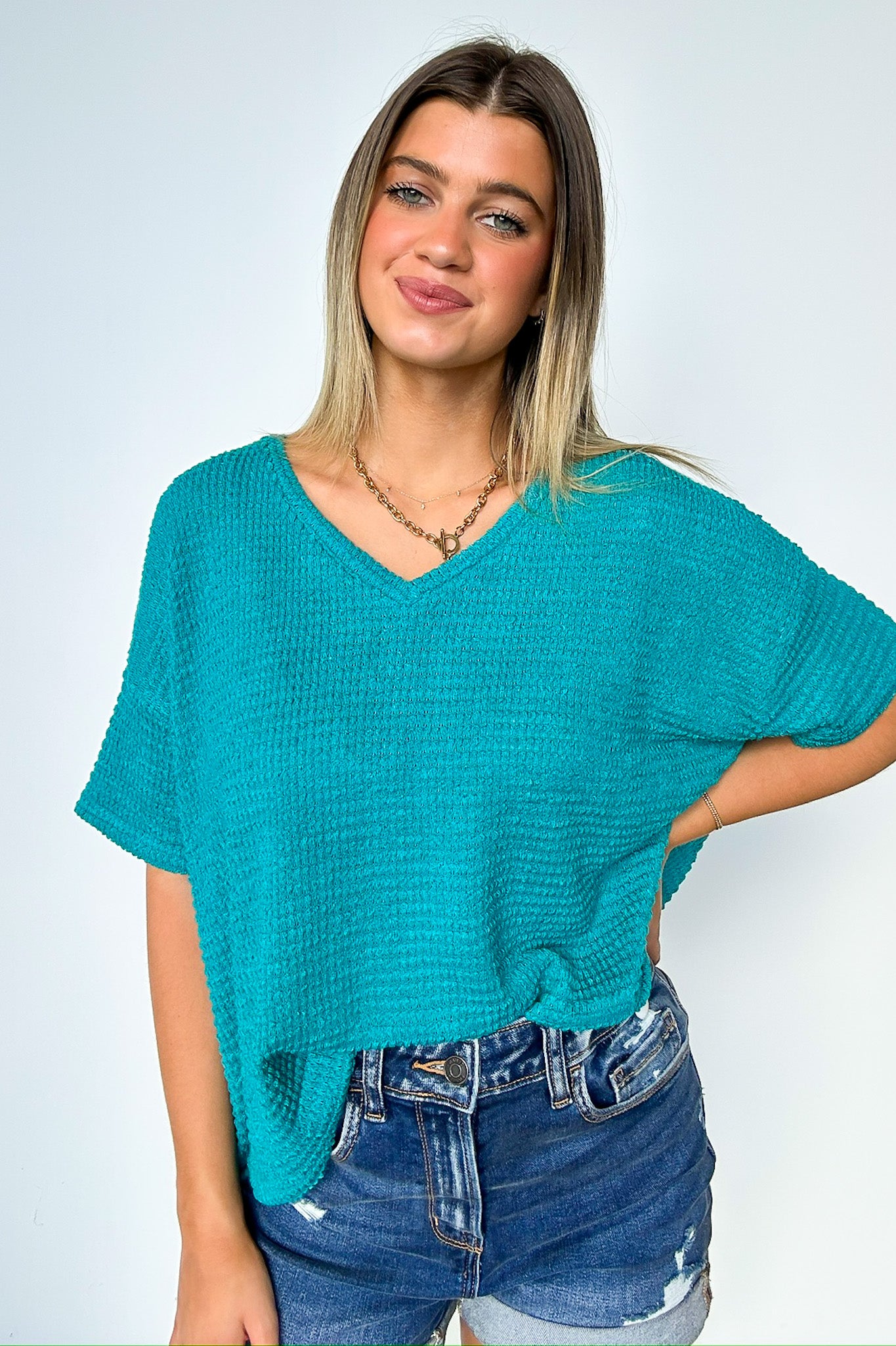 Light Teal / SM Julietta V-Neck Jacquard Short Sleeve Top - BACK IN STOCK - Madison and Mallory