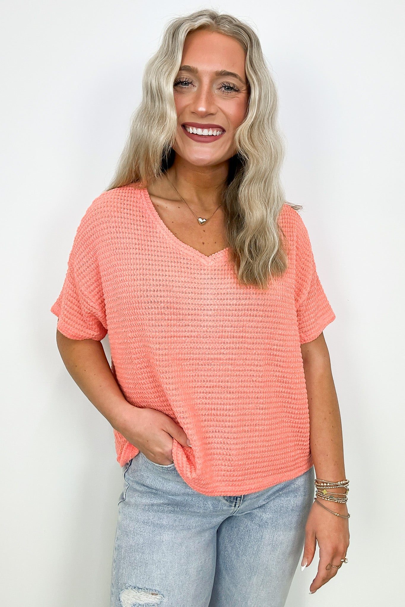 Coral / SM Julietta V-Neck Jacquard Short Sleeve Top - BACK IN STOCK - Madison and Mallory