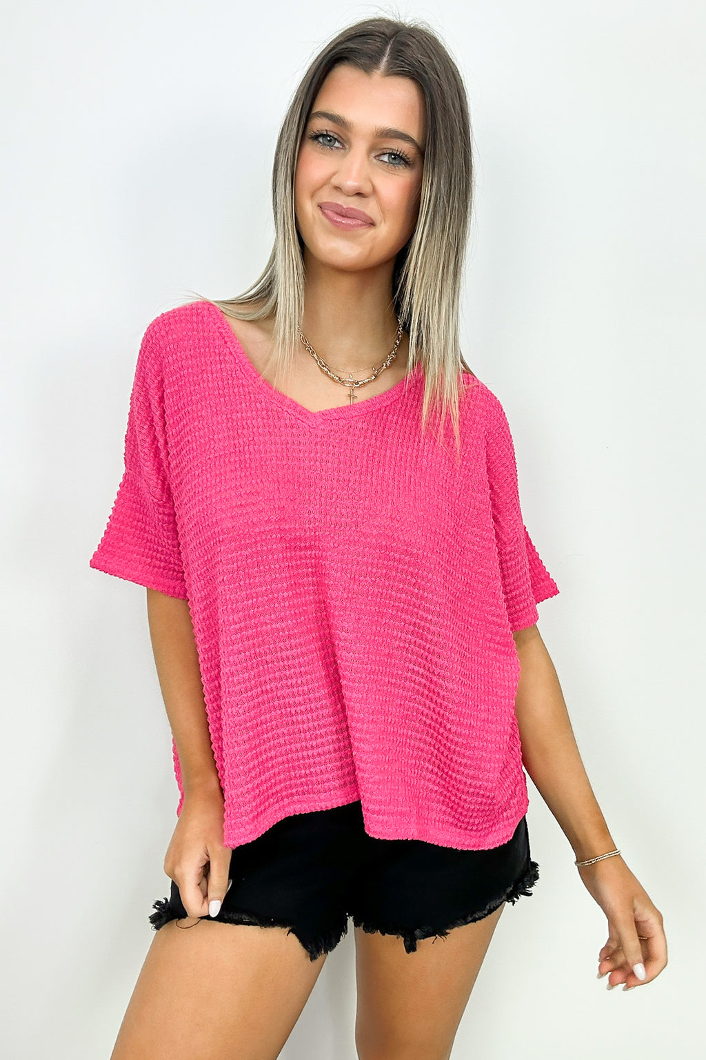 Fuchsia / SM Julietta V-Neck Cropped Short Sleeve Top - BACK IN STOCK - Madison and Mallory