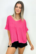 Fuchsia / SM Julietta V-Neck Cropped Short Sleeve Top - BACK IN STOCK - Madison and Mallory