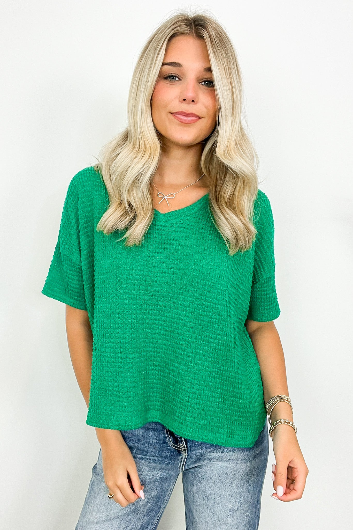 Kelly Green / SM Julietta V-Neck Jacquard Short Sleeve Top - BACK IN STOCK - Madison and Mallory
