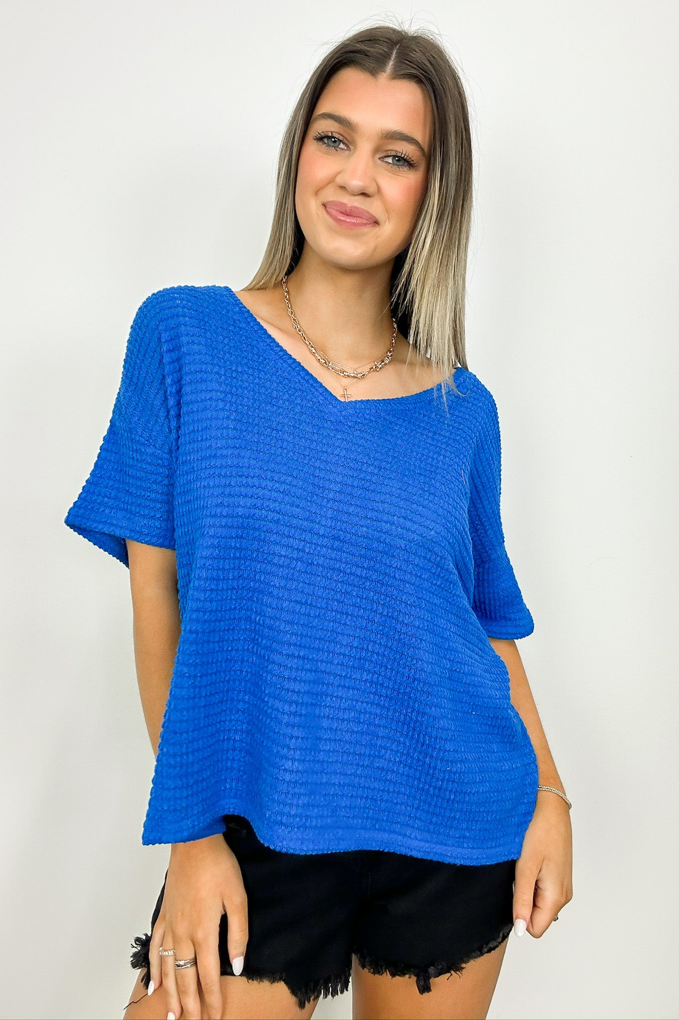 Ocean Blue / SM Julietta V-Neck Jacquard Short Sleeve Top - BACK IN STOCK - Madison and Mallory