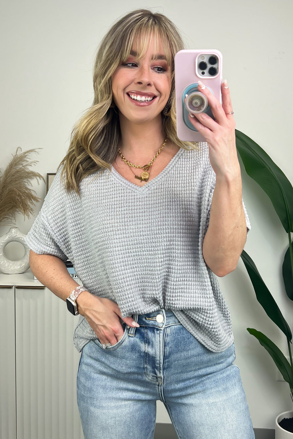 Heather Gray / SM Julietta V-Neck Cropped Short Sleeve Top - Madison and Mallory