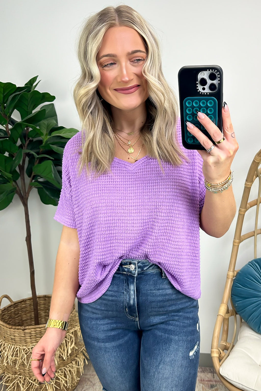 Bright Lavender / SM Julietta V-Neck Cropped Short Sleeve Top - Madison and Mallory