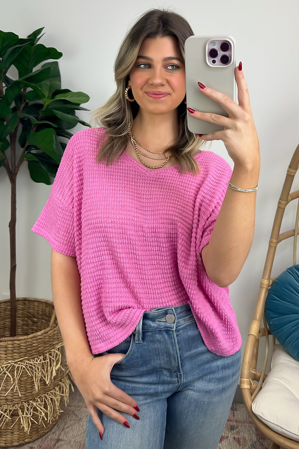 Candy Pink / SM Julietta V-Neck Cropped Short Sleeve Top - Madison and Mallory