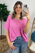 Candy Pink / SM Julietta V-Neck Cropped Short Sleeve Top - Madison and Mallory