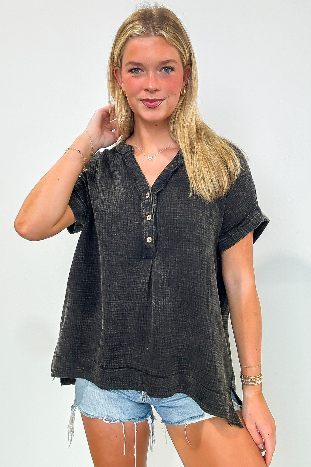 Ash Black / SM Juliette Washed Double Gauze Button Top - Madison and Mallory