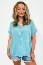 Dusty Teal / SM Juliette Washed Double Gauze Button Top - Madison and Mallory