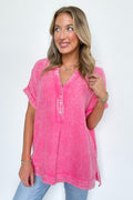 Juliette Washed Double Gauze Button Top in Fuchsia with jeans