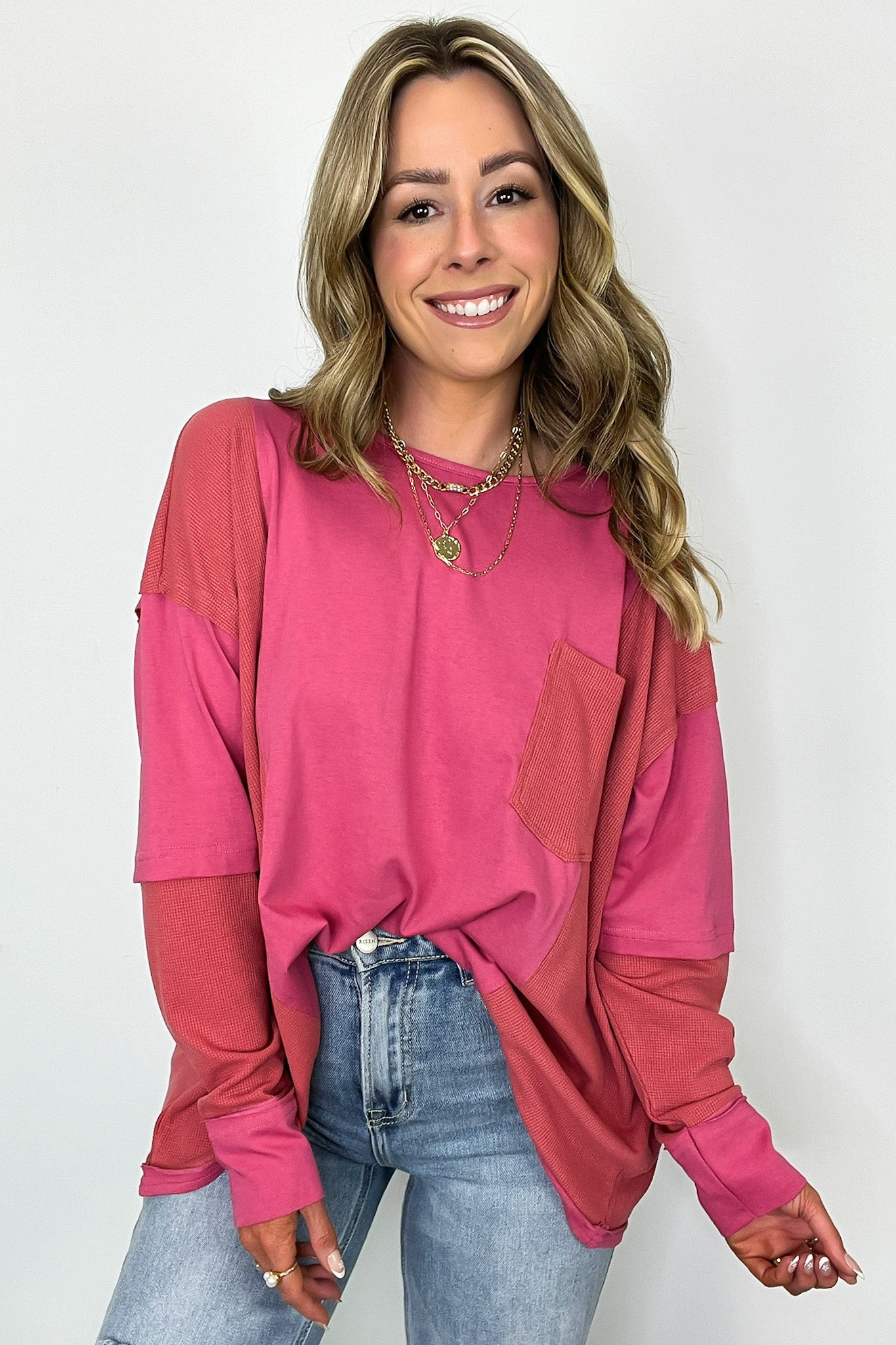 Mauve / S Kaida Relaxed Color Block Pocket Top - Madison and Mallory