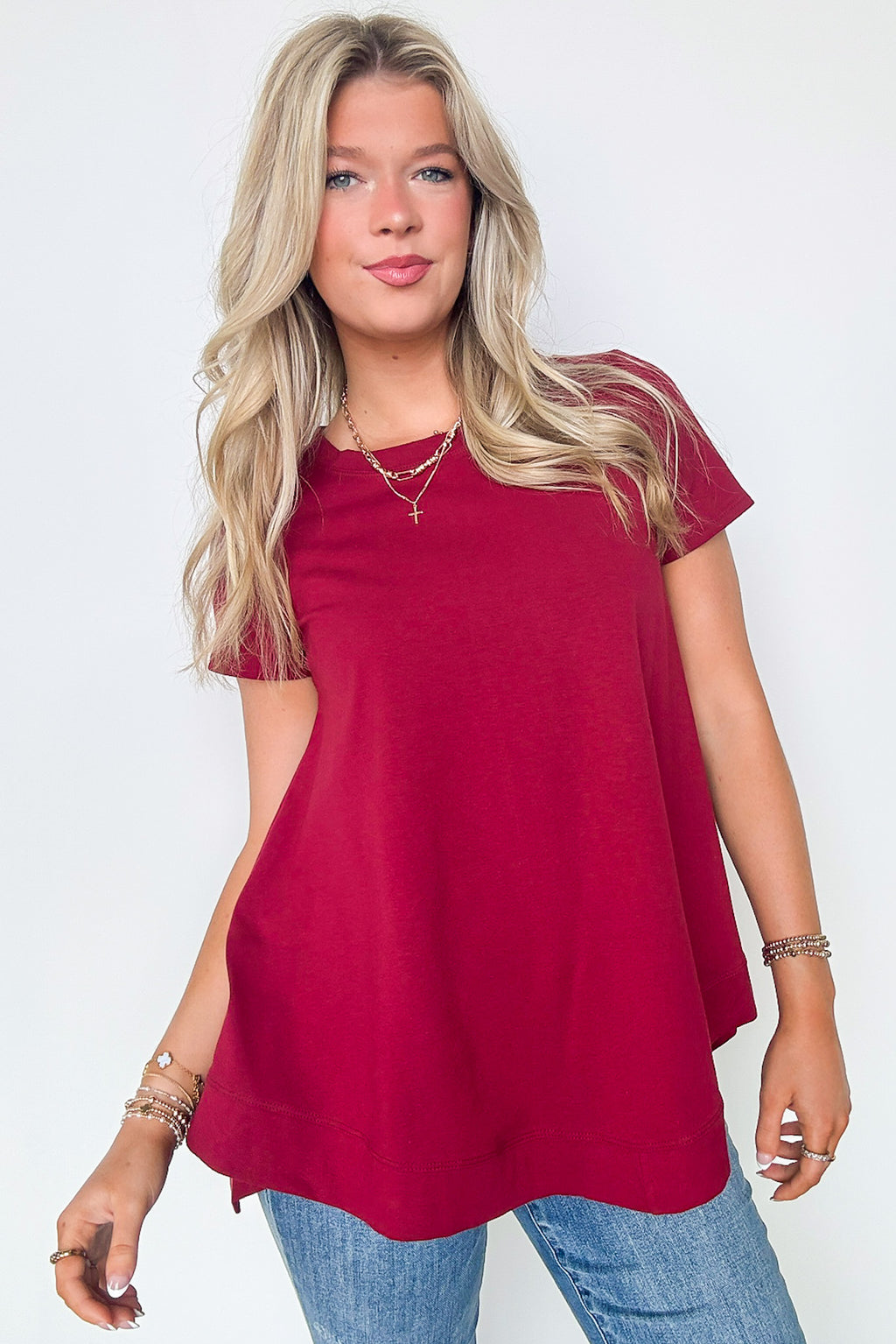 Burgundy / S Kallieann Asymmetrical Short Sleeve Top - FINAL SALE - Madison and Mallory