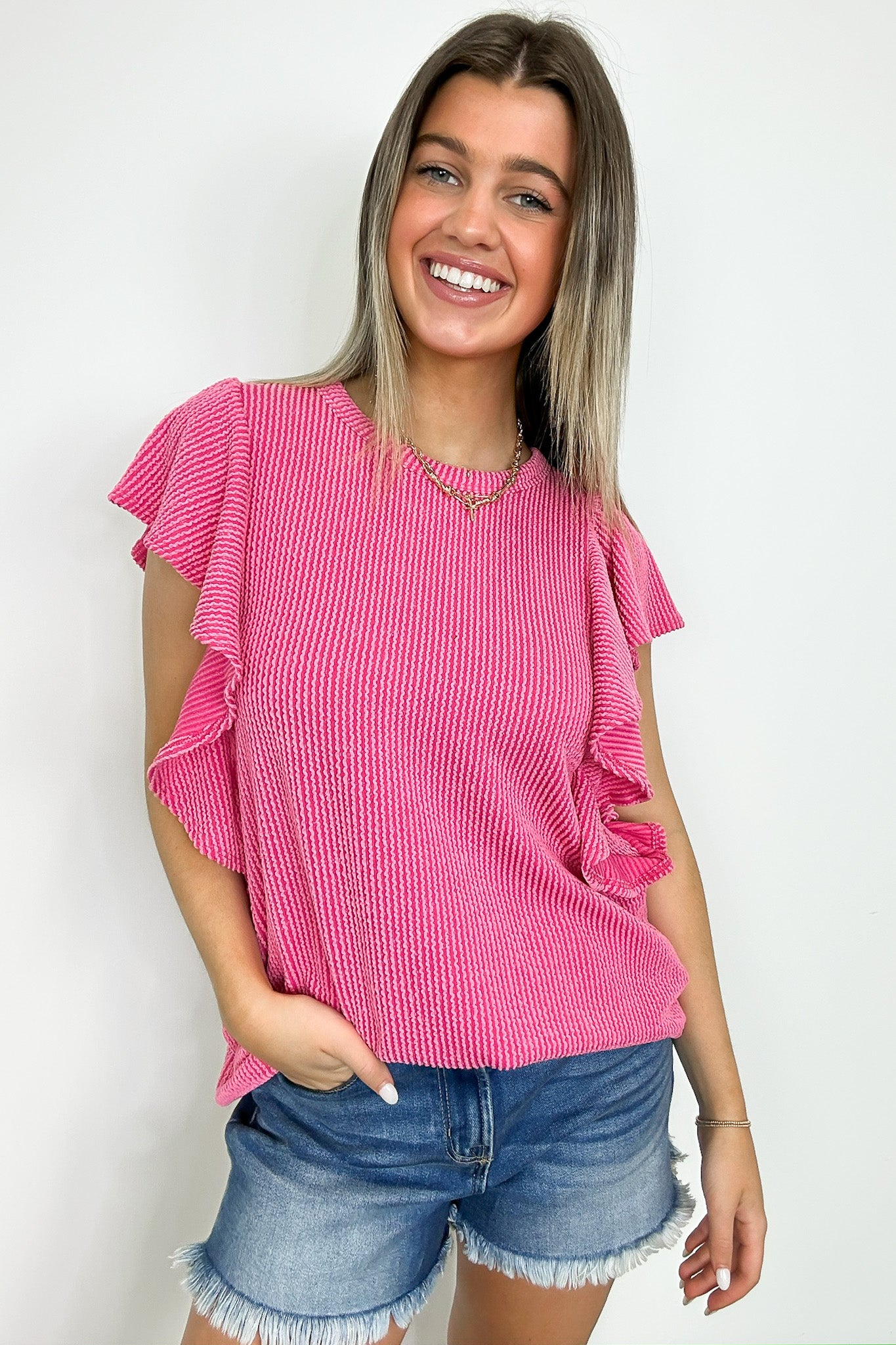 Hot Pink / S Kameryn Ribbed Knit Ruffle Sleeve Top - Madison and Mallory