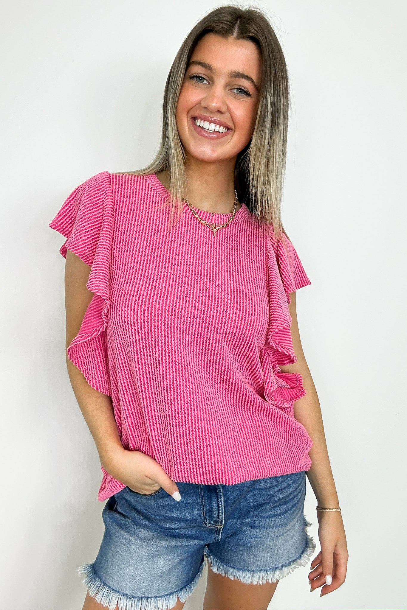 Hot Pink / S Kameryn Ribbed Knit Ruffle Sleeve Top - BACK IN STOCK - Madison and Mallory