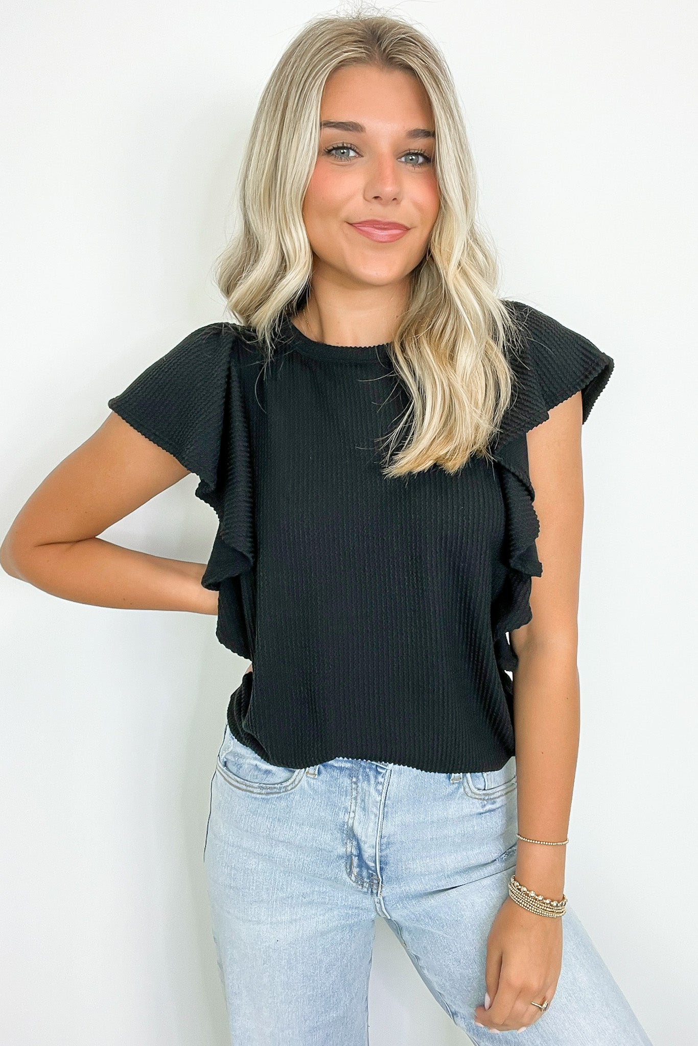 Black / S Kameryn Ribbed Knit Ruffle Sleeve Top - Madison and Mallory