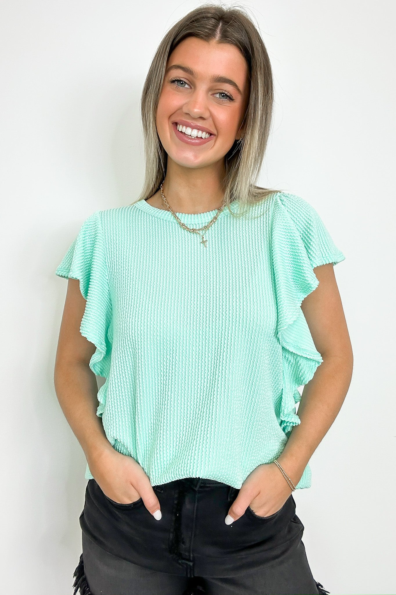 Mint / S Kameryn Ribbed Knit Ruffle Sleeve Top - Madison and Mallory