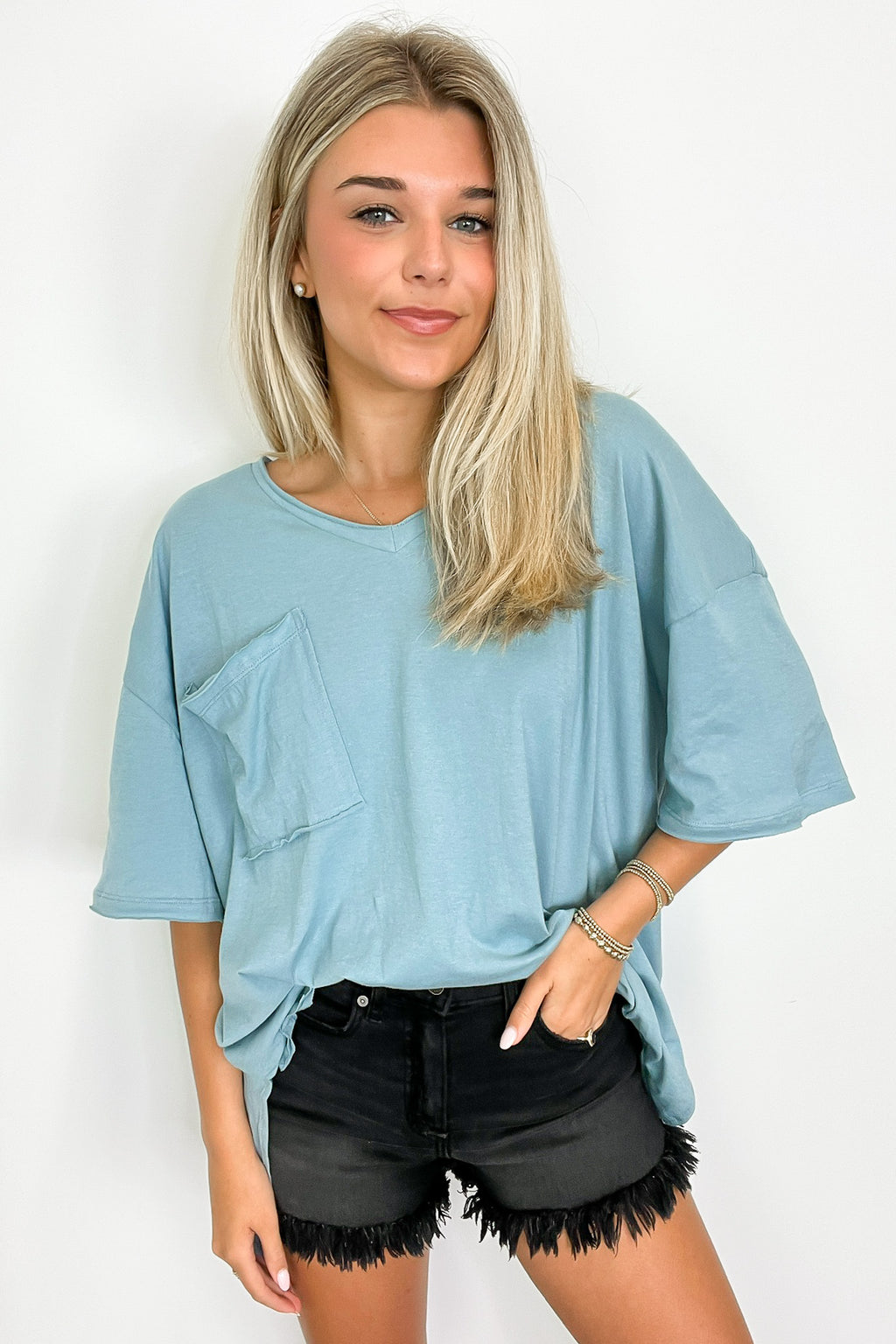 Blue Gray / S Kamree Oversized Raw Edge Pocket Top - Madison and Mallory