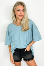 Blue Gray / S Kamree Oversized Raw Edge Pocket Top - Madison and Mallory