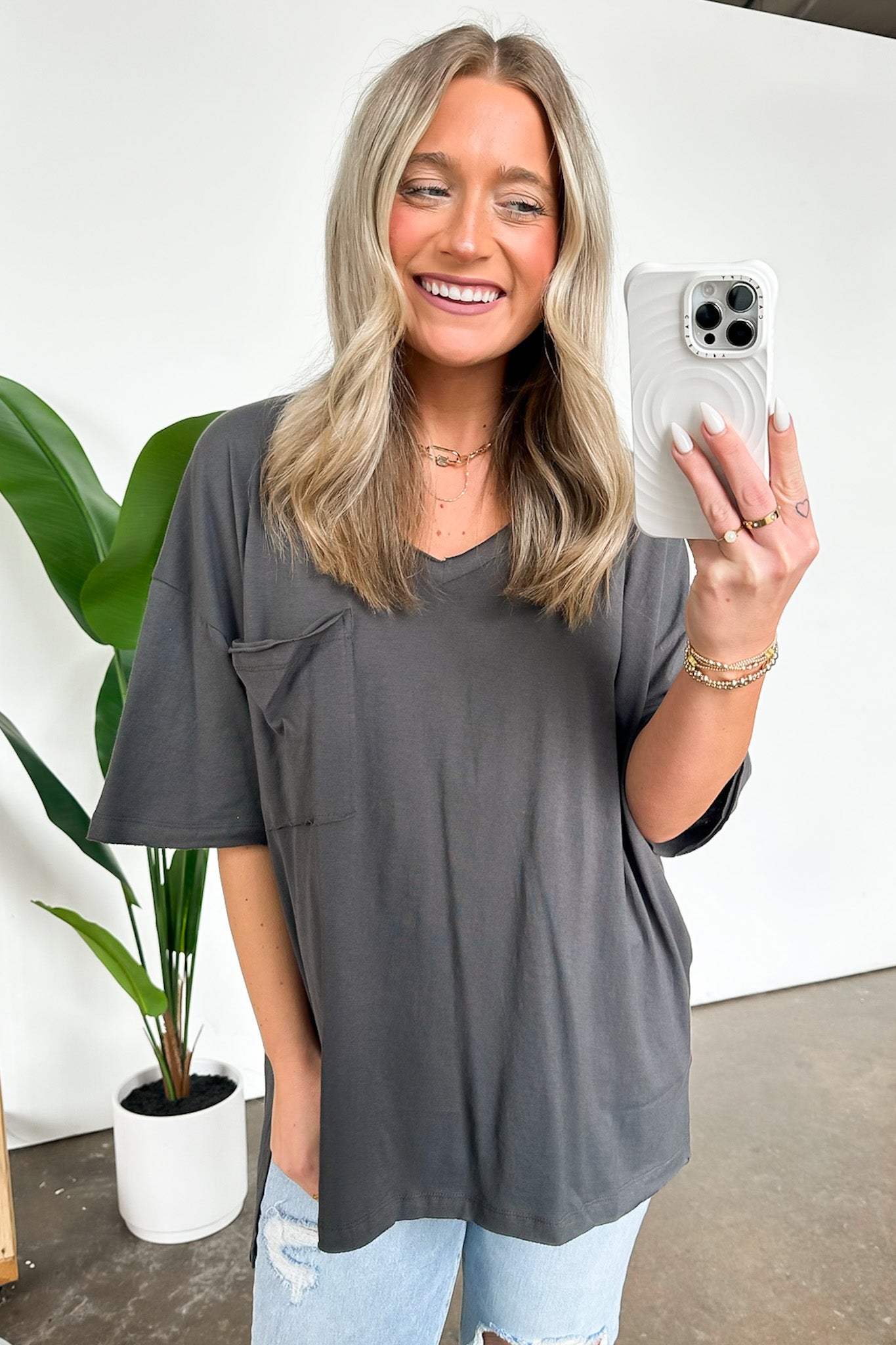 Ash Gray / S Kamree Oversized Raw Edge Pocket Top - BACK IN STOCK - Madison and Mallory