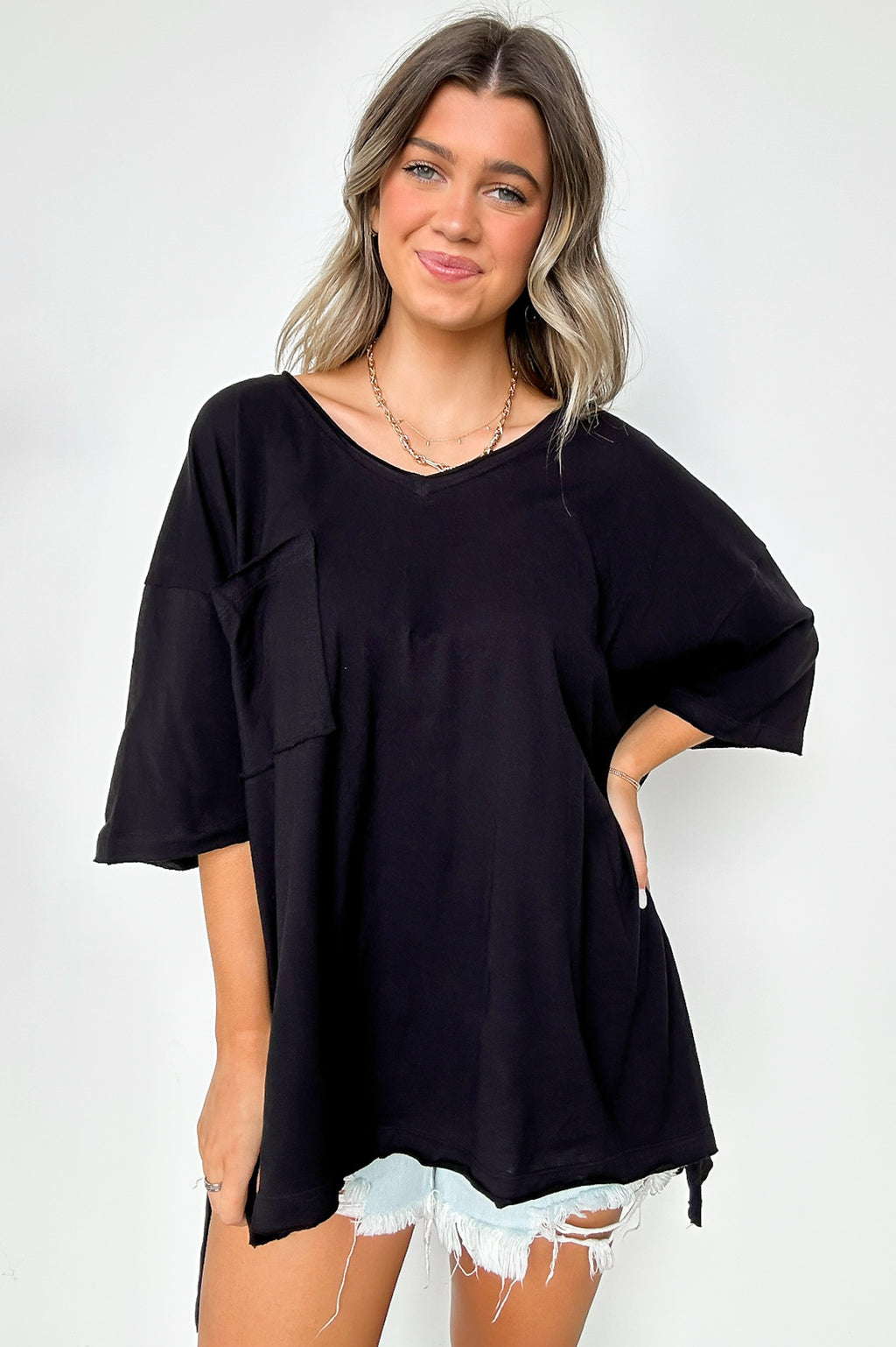Black / S Kamree Oversized Raw Edge Pocket Top - Madison and Mallory