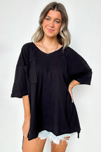 Black / S Kamree Oversized Raw Edge Pocket Top - Madison and Mallory