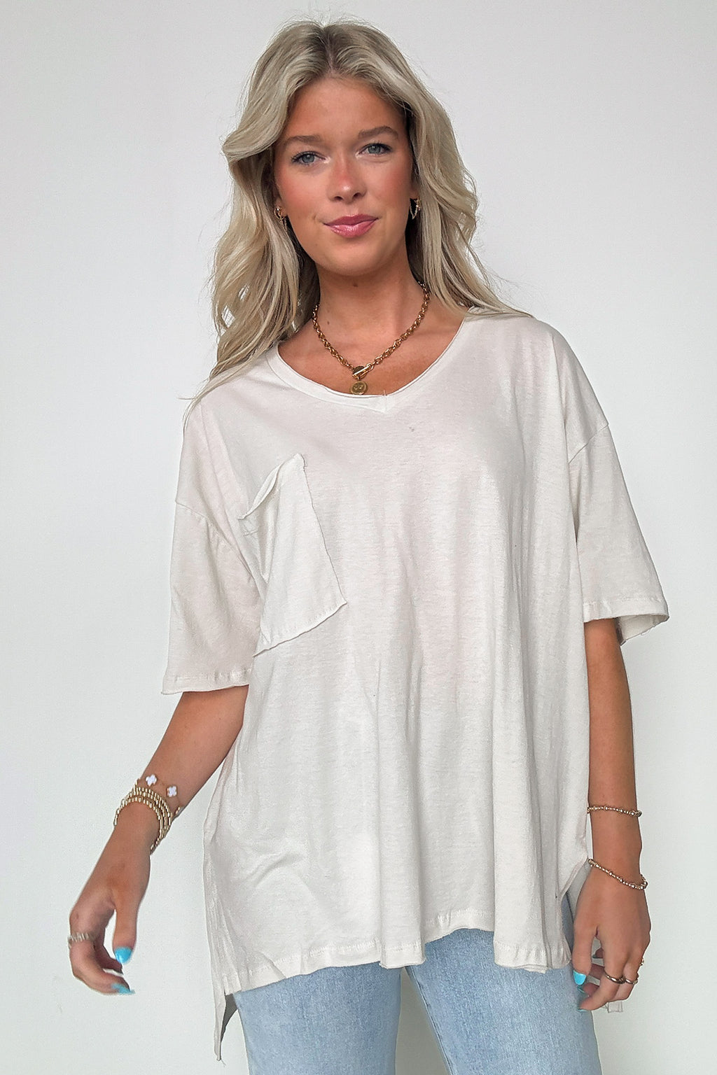 Bone / S Kamree Oversized Raw Edge Pocket Top - BACK IN STOCK - Madison and Mallory