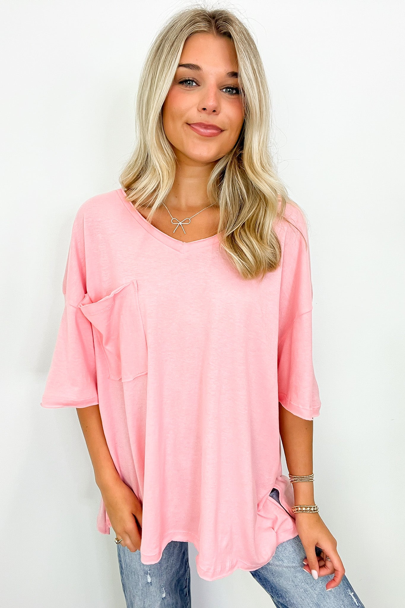 Dark Pink / S Kamree Oversized Raw Edge Pocket Top - BACK IN STOCK - Madison and Mallory