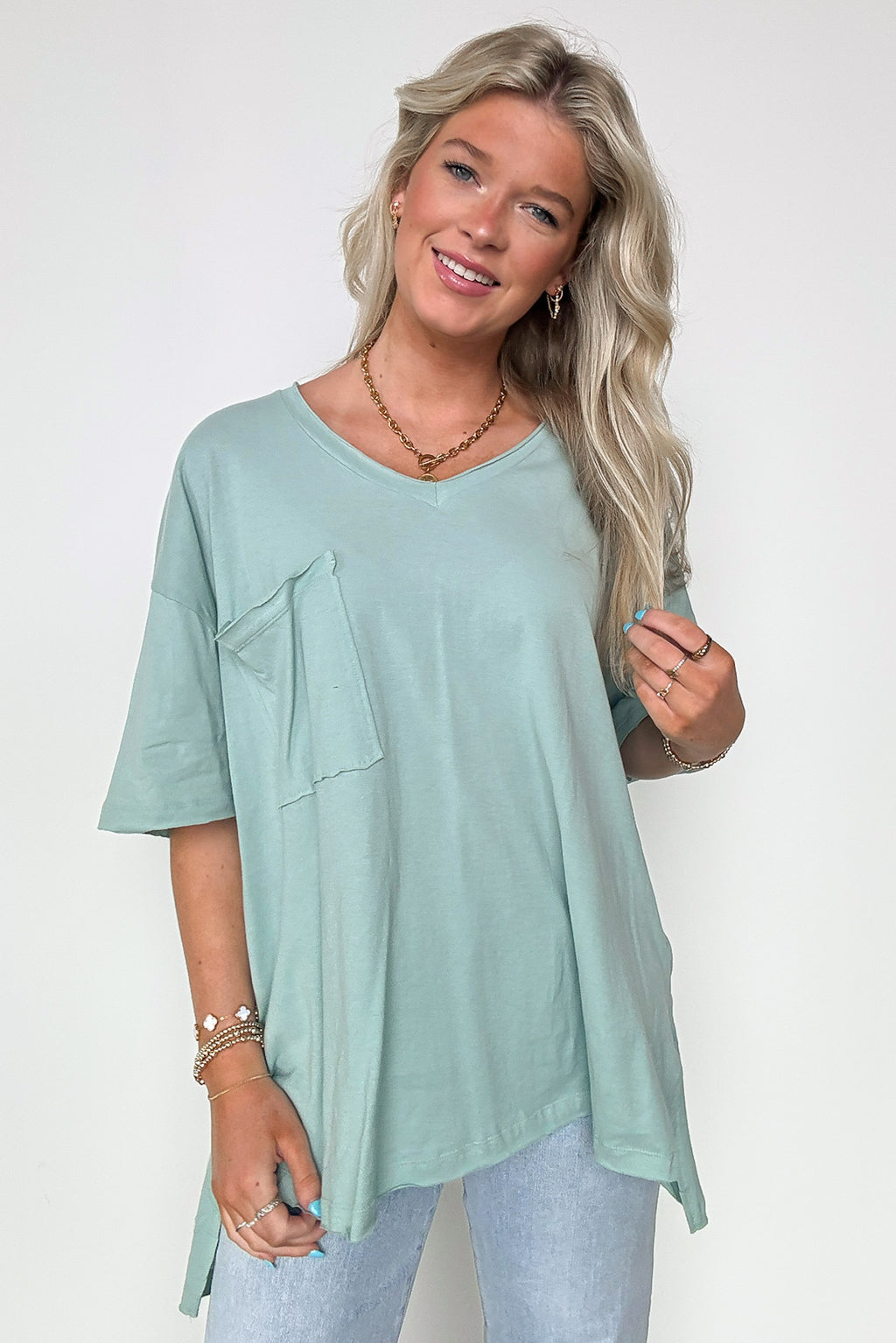 Dusty Green / S Kamree Oversized Raw Edge Pocket Top - Madison and Mallory