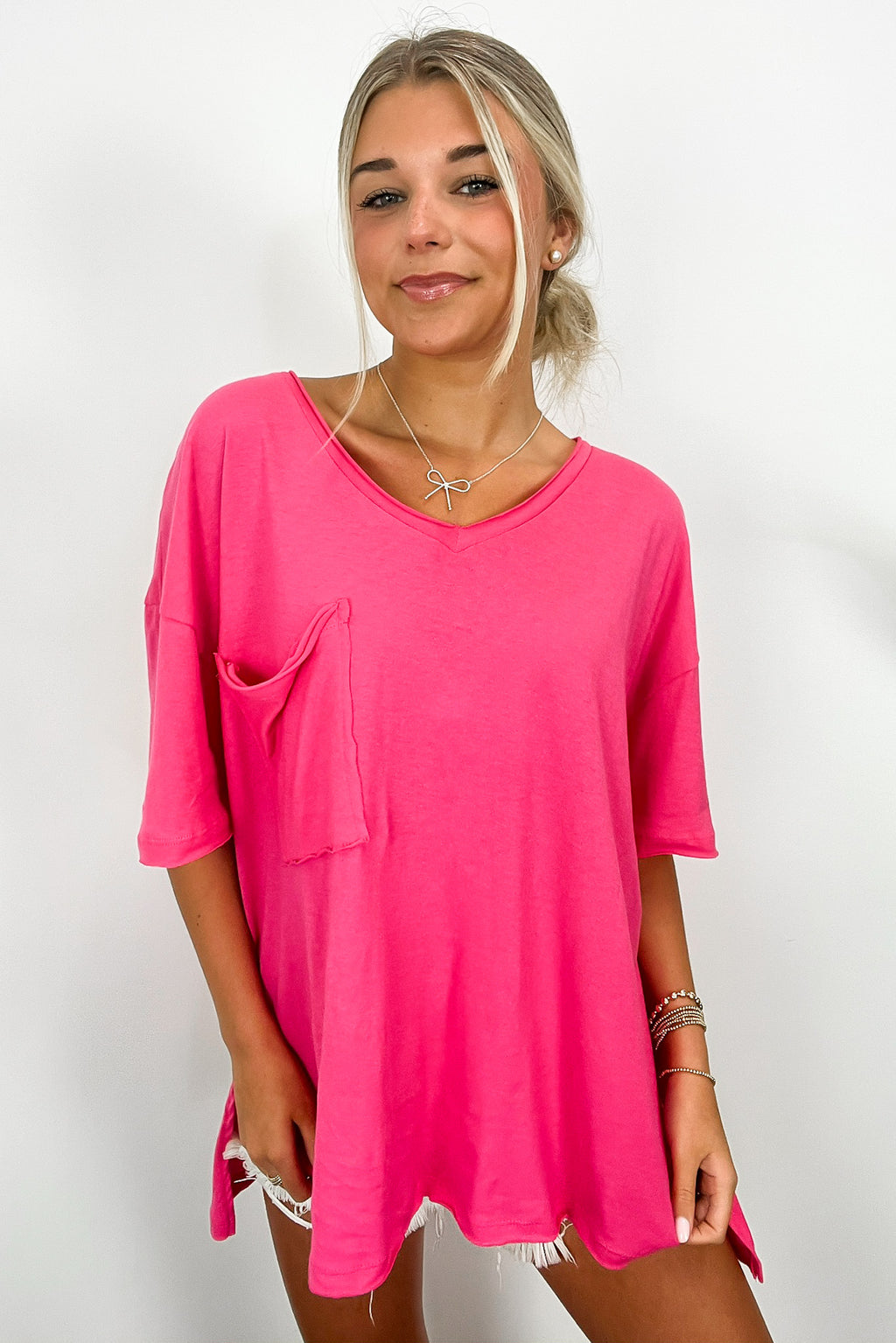 Fuchsia / S Kamree Oversized Raw Edge Pocket Top - BACK IN STOCK - Madison and Mallory