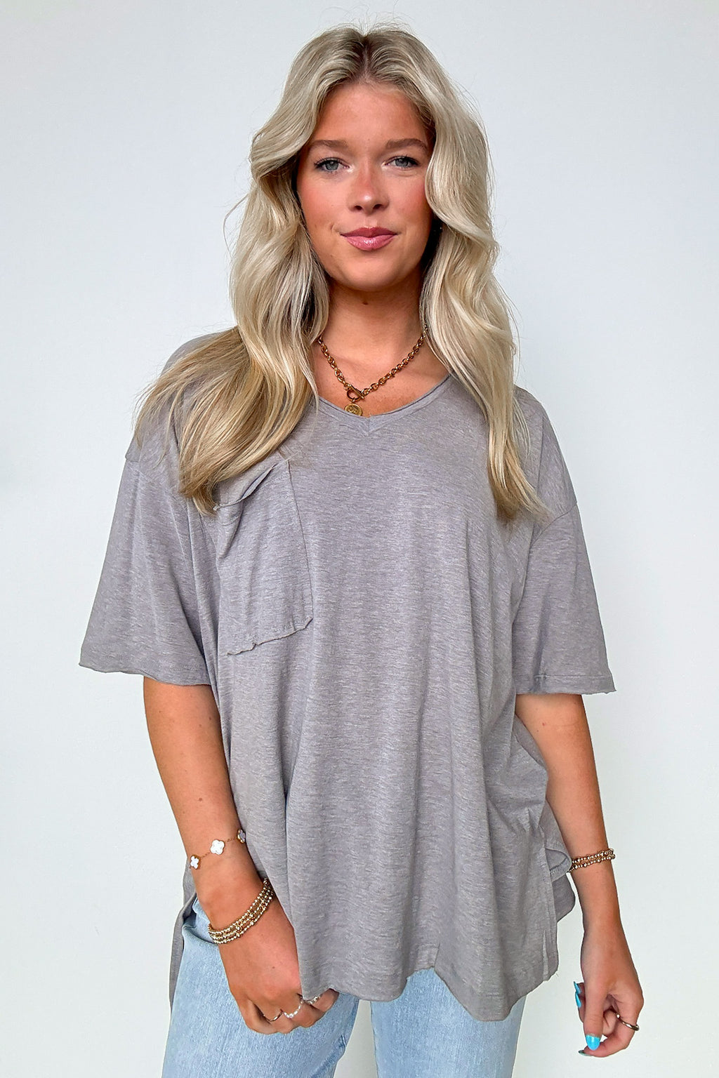 Heather Gray / S Kamree Oversized Raw Edge Pocket Top - Madison and Mallory