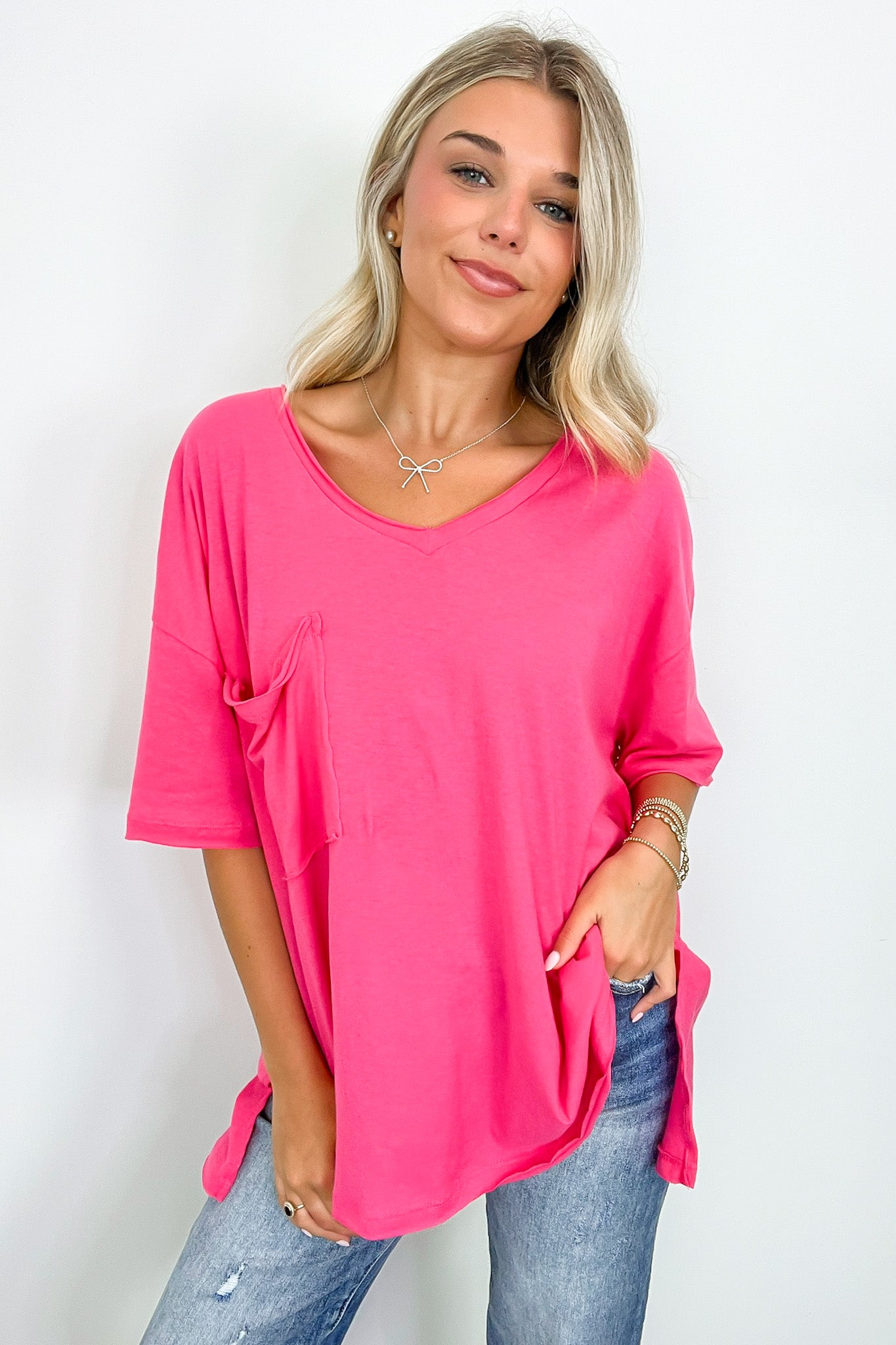 Hot Pink / S Kamree Oversized Raw Edge Pocket Top - BACK IN STOCK - Madison and Mallory
