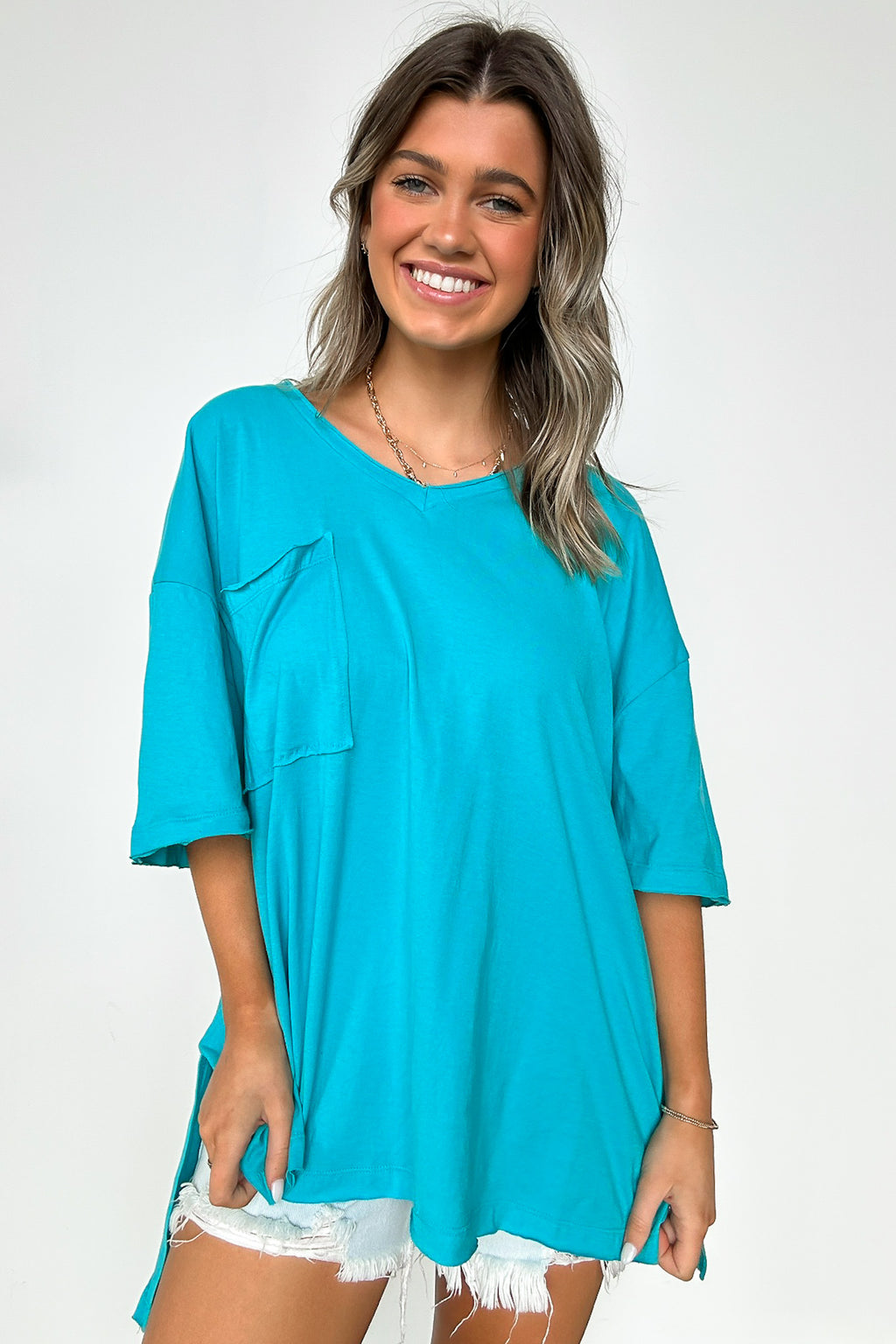 Ice Blue / S Kamree Oversized Raw Edge Pocket Top - Madison and Mallory