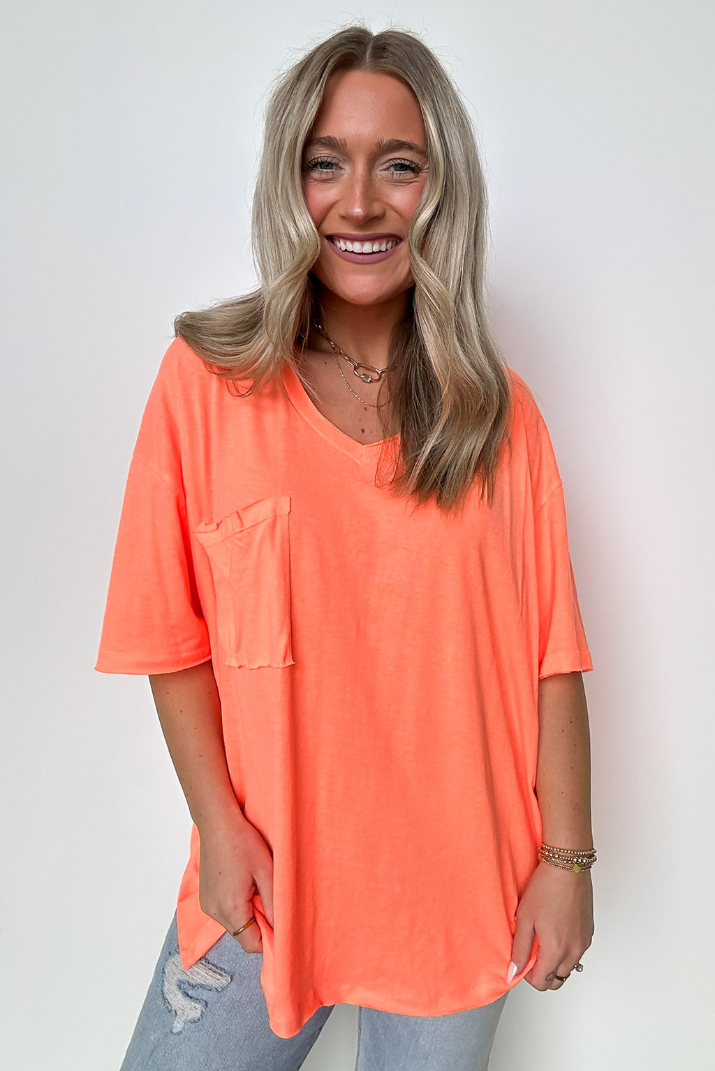Neon Coral / S Kamree Oversized Raw Edge Pocket Top - Madison and Mallory