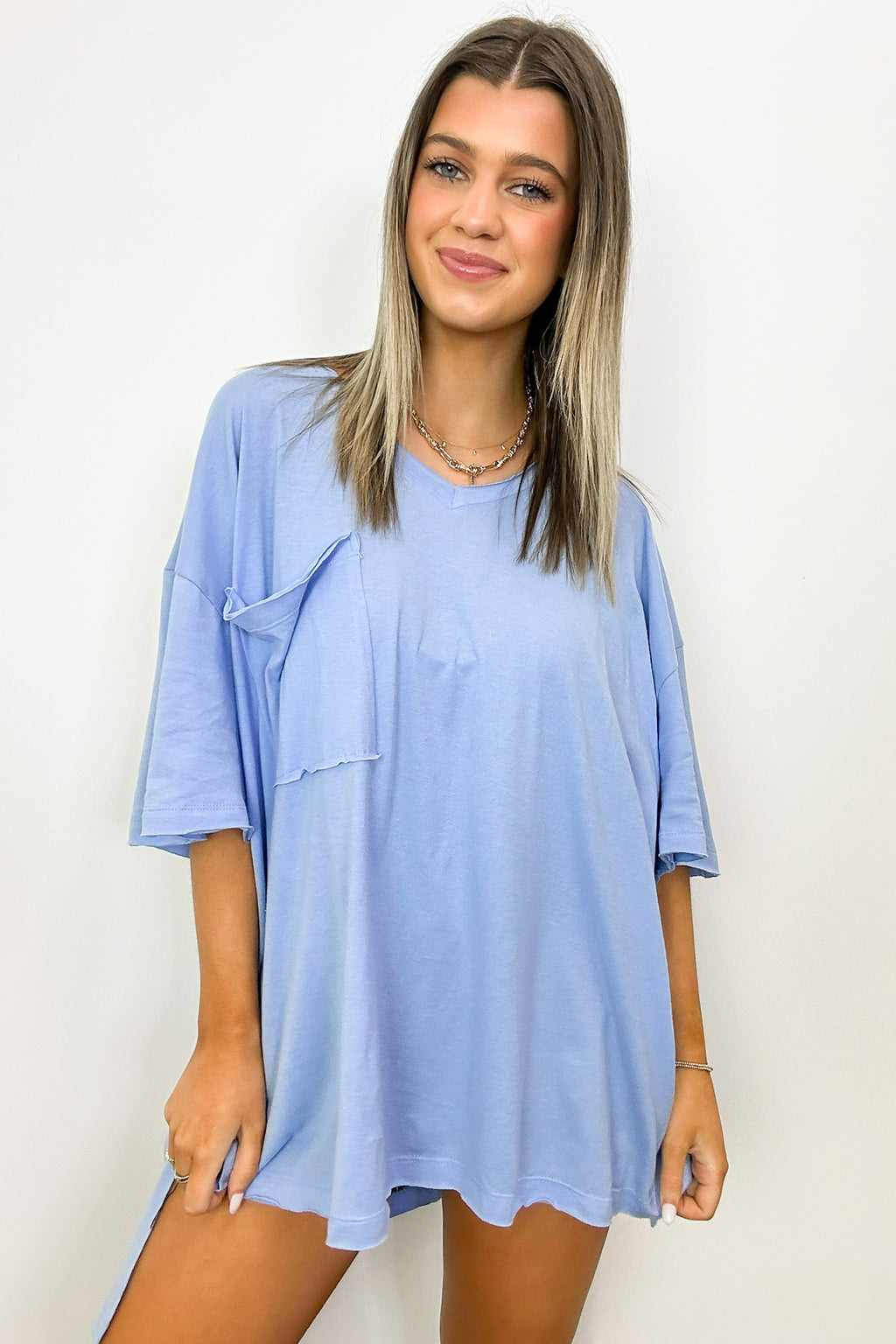Spring Blue / S Kamree Oversized Raw Edge Pocket Top - Madison and Mallory
