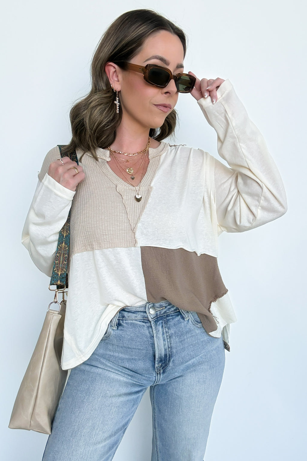 Cream/Beige / S Karmen Notched Neck Color Block Contrast Top - FINAL SALE - Madison and Mallory