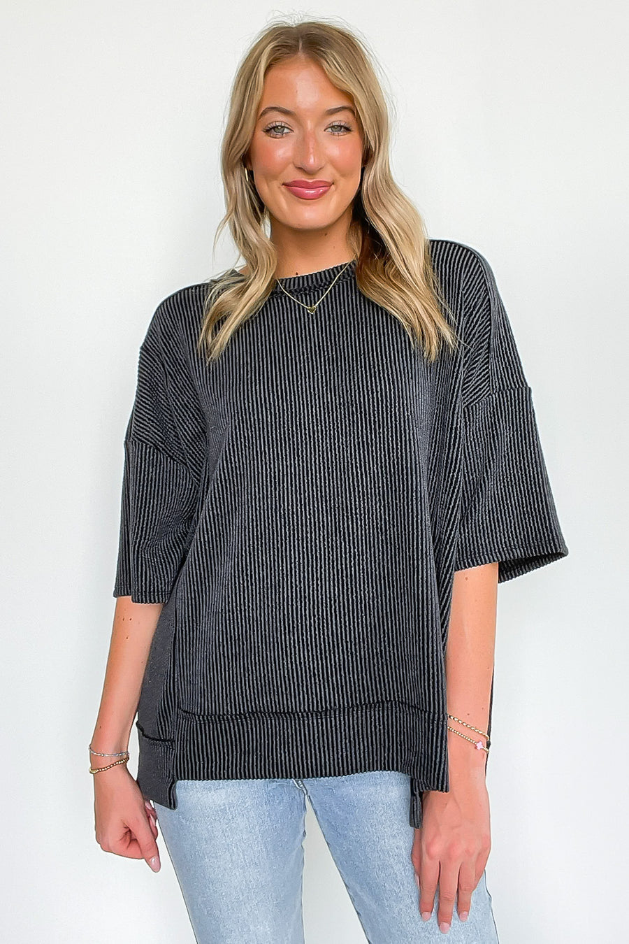 Black / S Karmyn Rib Knit Relaxed Fit Top - Madison and Mallory