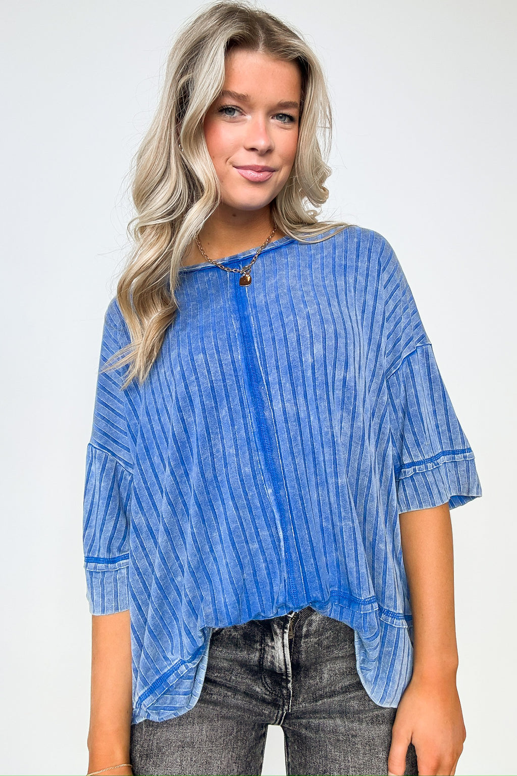 Classic Blue / SM Katerinah Ribbed Drop Shoulder Top - Madison and Mallory