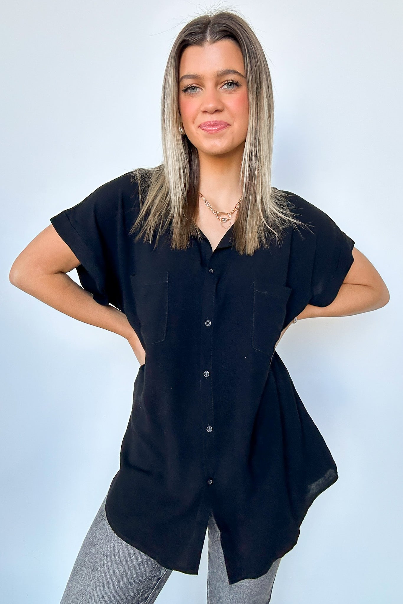  Kavitha Short Sleeve Button Down Tunic Top - Madison and Mallory
